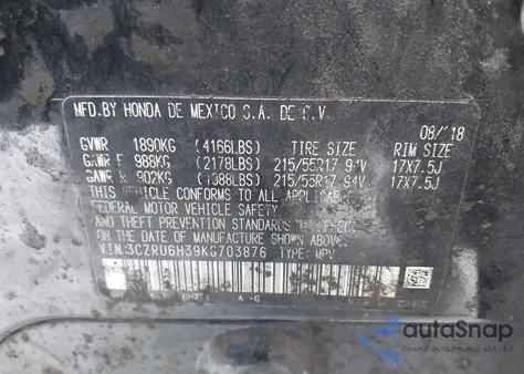 2019 Honda Hr-V Lx z USA, uszkodzony, nr VIN 3CZRU6H39KG703876